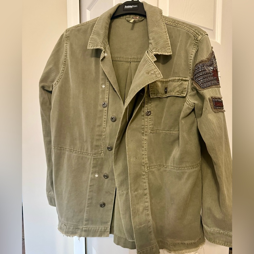 Free People Beaded Embellished Military Jacket Olive